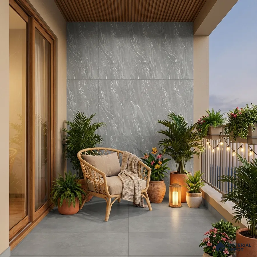 Modern balcony with grey marble wall tiles, concrete look floor tiles, and wooden ceiling louvers