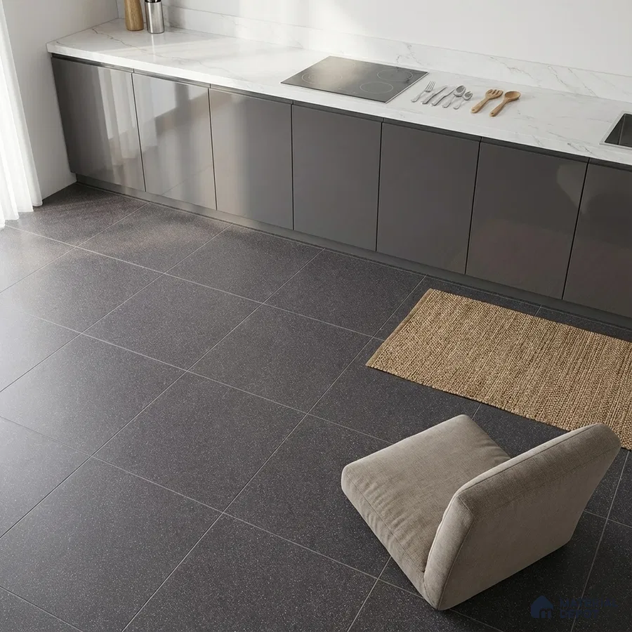 Minimalist kitchen with grey high gloss laminate cabinets and white marble countertop