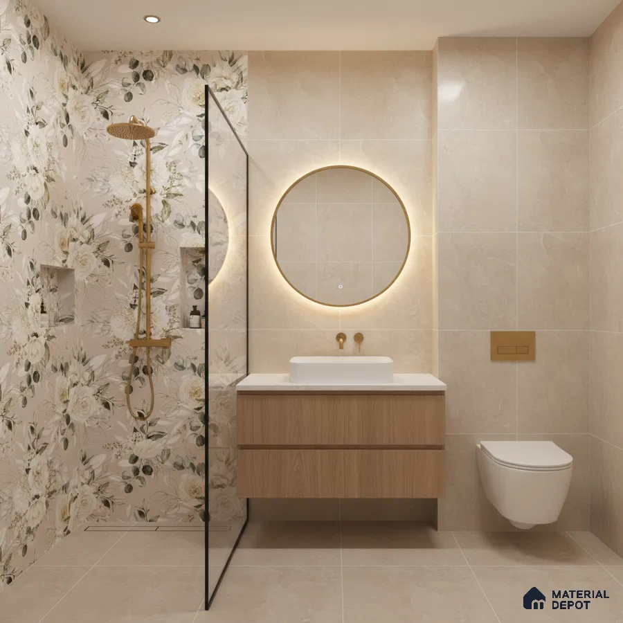 Modern bathroom with floral highlighter wall tiles, beige marble-look tiles, and wood vanity