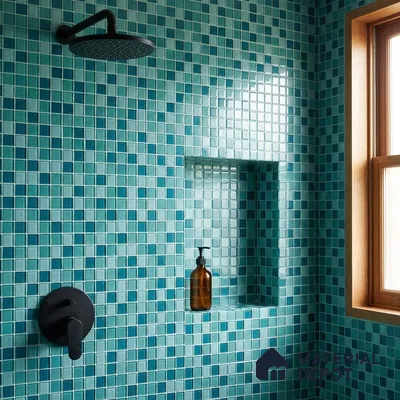 Modern Bathroom with Teal Green Glass Mosaic Shower Tile