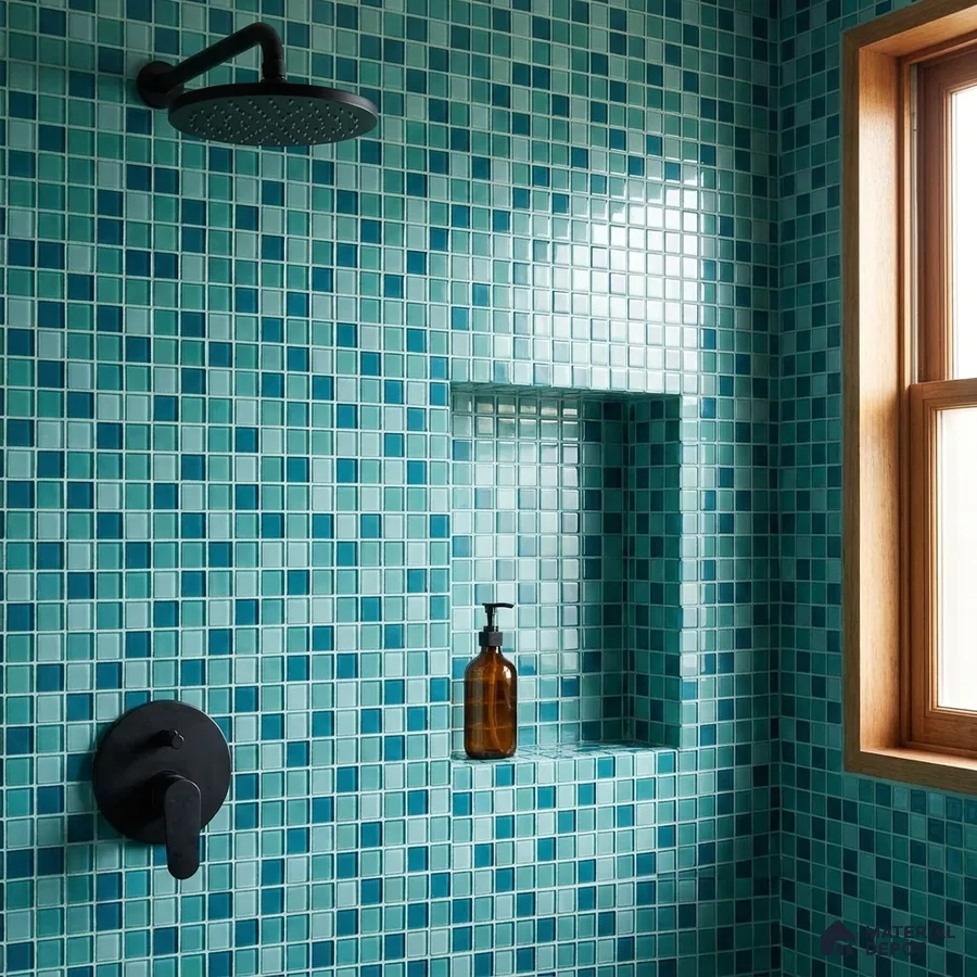 Modern Bathroom with Teal Green Glass Mosaic Shower Tile