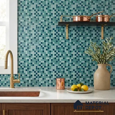Modern Kitchen with Teal Glass Mosaic Backsplash Tile and Walnut Cabinets