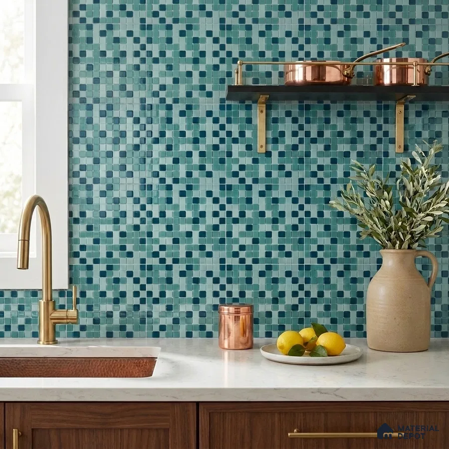 Modern Kitchen with Teal Glass Mosaic Backsplash Tile and Walnut Cabinets
