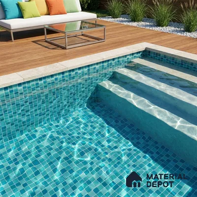 Modern Swimming Pool with Teal Glass Mosaic Tile and Wooden Deck