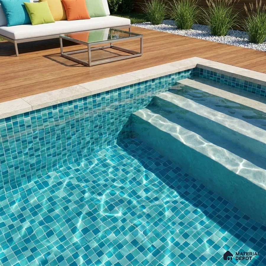 Modern Swimming Pool with Teal Glass Mosaic Tile and Wooden Deck