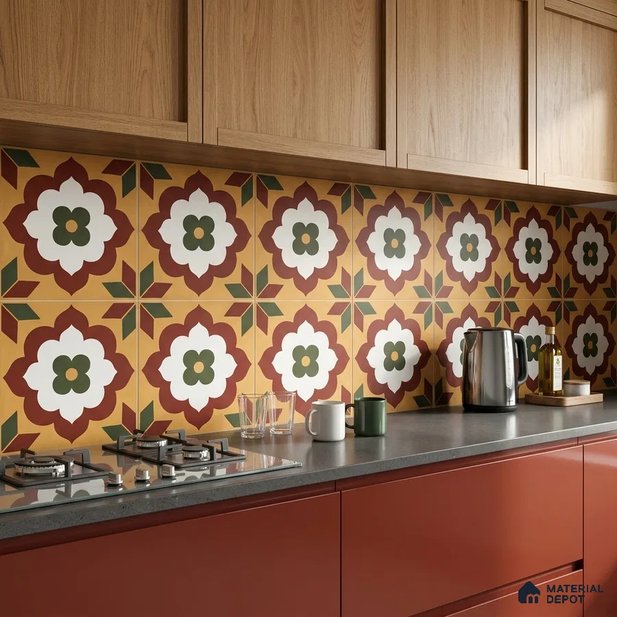 Eclectic kitchen with floral patterned moroccan backsplash tile, terracotta laminate cabinets, and wood grain upper cabinets