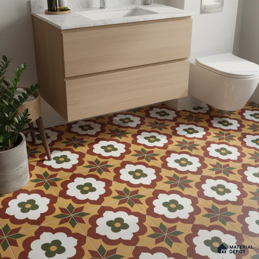 Modern bathroom with floral patterned floor tiles and light oak floating vanity