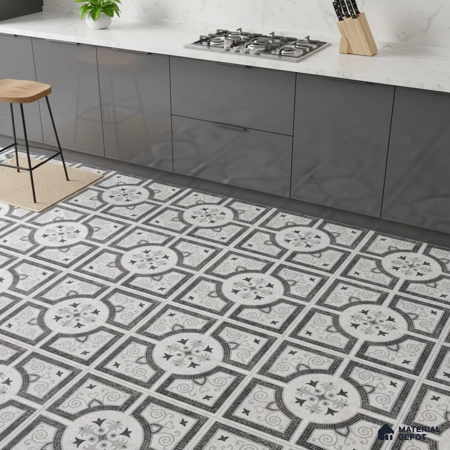Modern kitchen with grey high gloss laminate cabinets, white marble backsplash, and black-and-white geometric patterned floor tiles