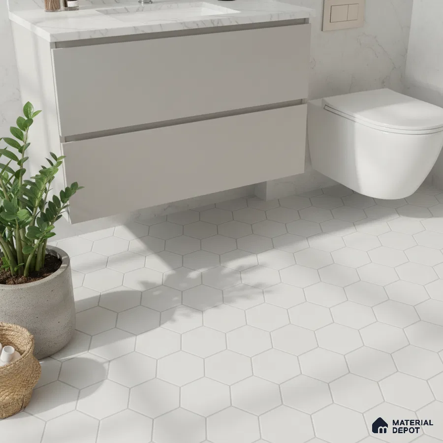 Minimalist bathroom with white hexagonal floor tiles and marble-look vanity countertop