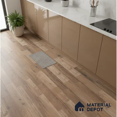 Modern kitchen with glossy beige laminate cabinets, white marble-look countertop, and oak wood plank floor tiles
