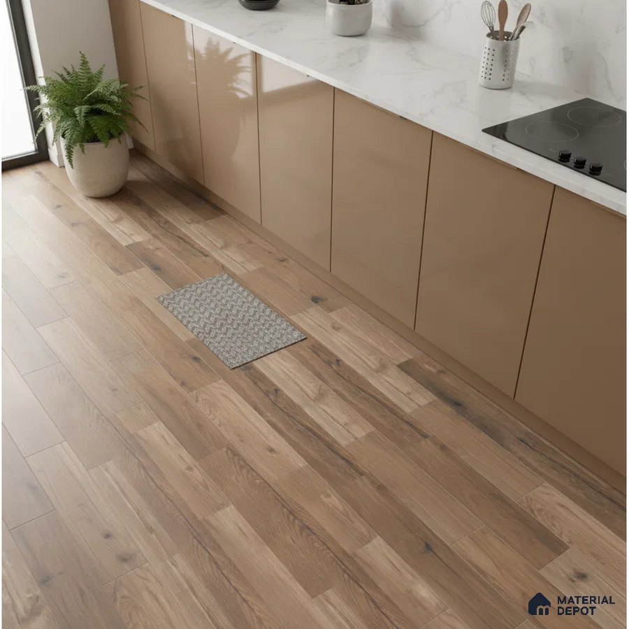Modern kitchen with glossy beige laminate cabinets, white marble-look countertop, and oak wood plank floor tiles