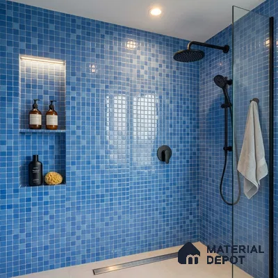 Modern Bathroom with Blue Glass Mosaic Shower Tile