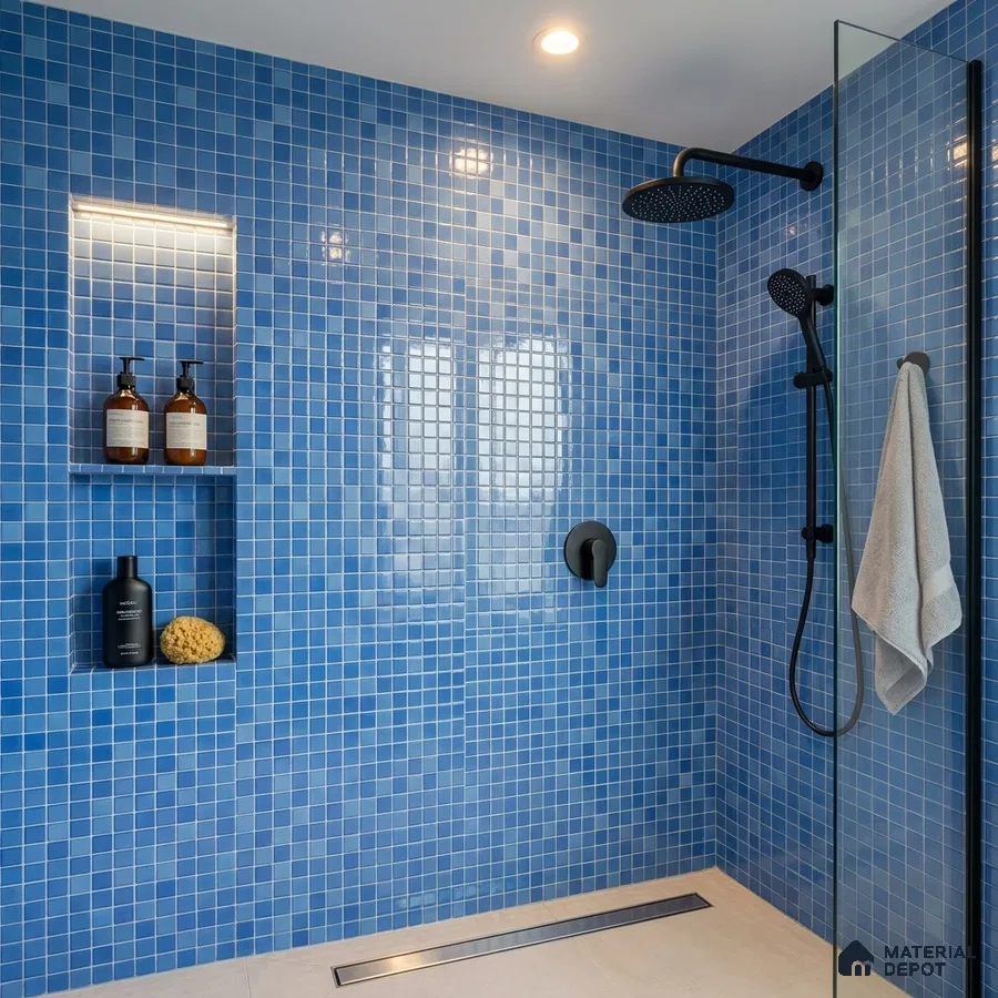 Modern Bathroom with Blue Glass Mosaic Shower Tile