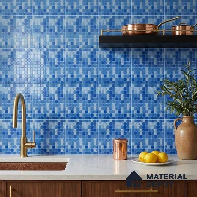 Modern Kitchen with Blue Glass Mosaic Backsplash Tile and Walnut Cabinets