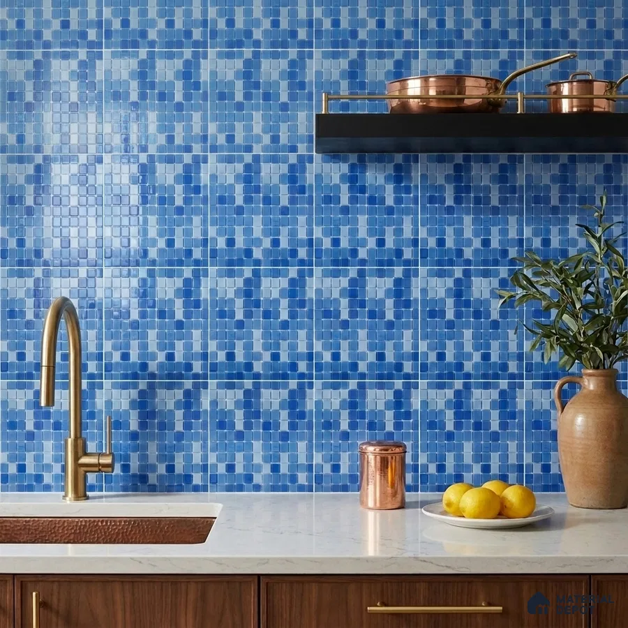 Modern Kitchen with Blue Glass Mosaic Backsplash Tile and Walnut Cabinets