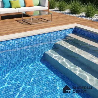 Modern Swimming Pool with Blue Glass Mosaic Tile and Wooden Deck