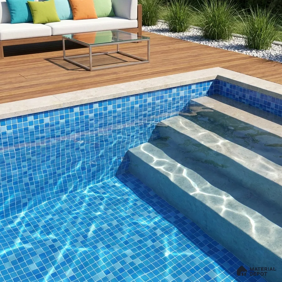 Modern Swimming Pool with Blue Glass Mosaic Tile and Wooden Deck