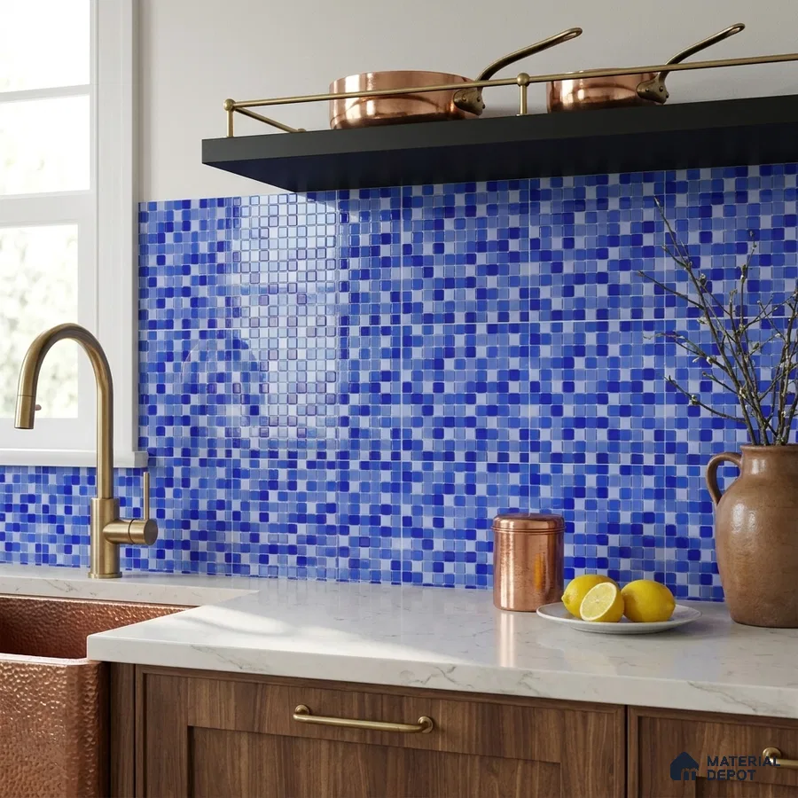 Modern Kitchen with Blue and White Glass Mosaic Backsplash Tile and Walnut Cabinets