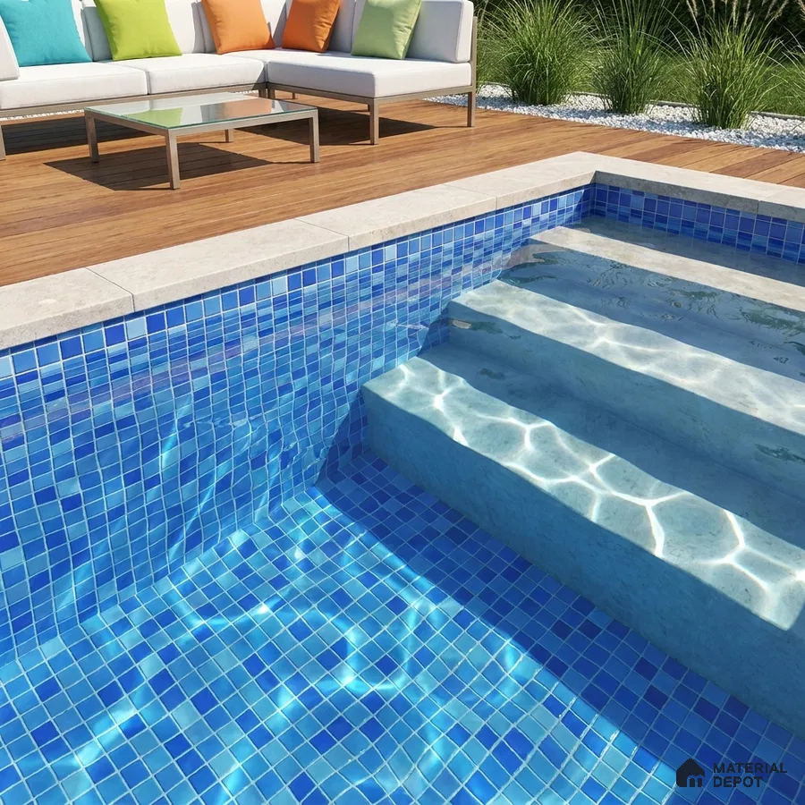 Modern Swimming Pool with Blue Glass Mosaic Tile and Wooden Deck