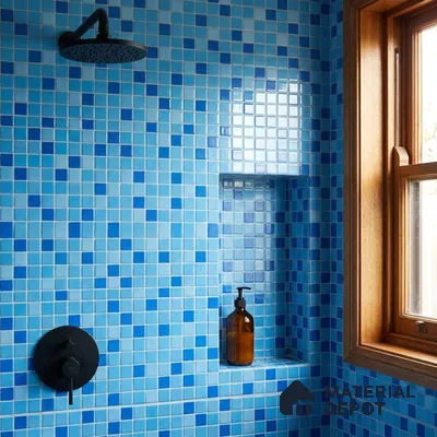 Modern Bathroom with Blended Blue Glass Mosaic Shower Tile and Matte Black Fixtures