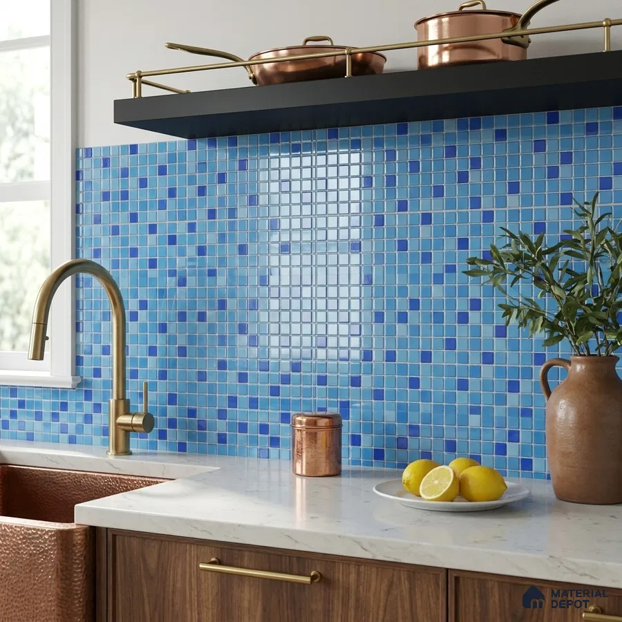 Modern Kitchen with Blended Blue Glass Mosaic Backsplash Tile and Walnut Cabinets
