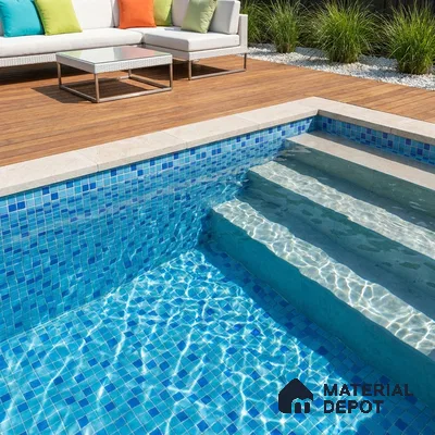 Modern Swimming Pool with Blended Blue Glass Mosaic Tile and Wooden Deck