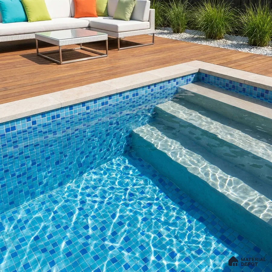 Modern Swimming Pool with Blended Blue Glass Mosaic Tile and Wooden Deck