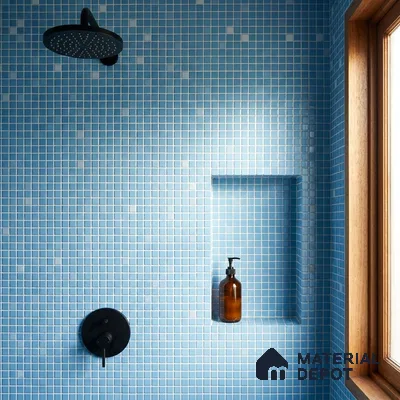 Modern Bathroom with Sky Blue Glass Mosaic Shower Tile and Matte Black Fixtures
