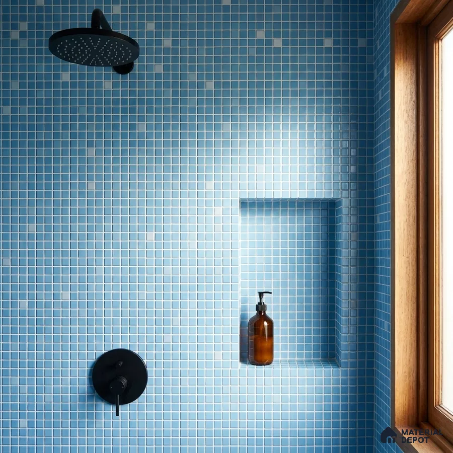 Modern Bathroom with Sky Blue Glass Mosaic Shower Tile and Matte Black Fixtures