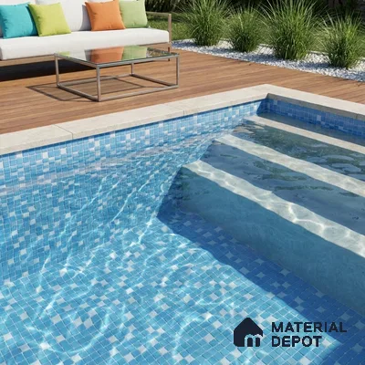 Modern Swimming Pool with Sky Blue Glass Mosaic Tile and Wooden Deck