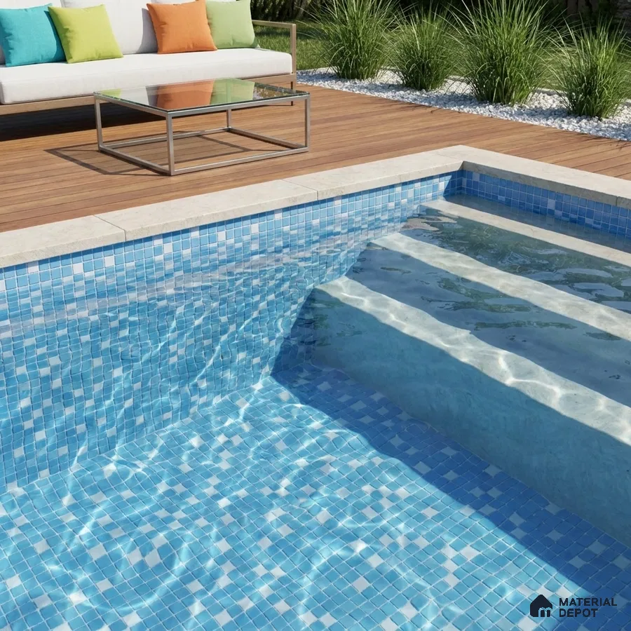 Modern Swimming Pool with Sky Blue Glass Mosaic Tile and Wooden Deck