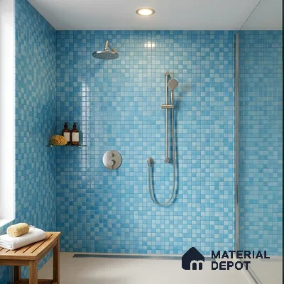 Modern Bathroom with Aqua Blue Glass Mosaic Shower Tile and Walk-In Glass Enclosure