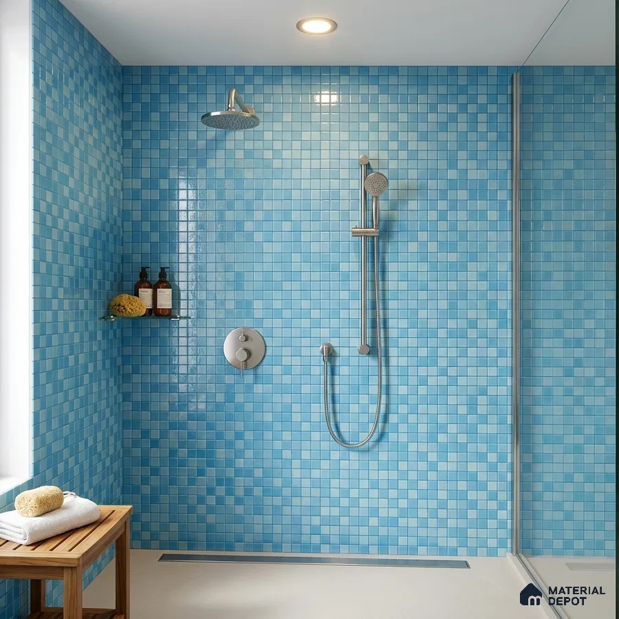 Modern Bathroom with Aqua Blue Glass Mosaic Shower Tile and Walk-In Glass Enclosure