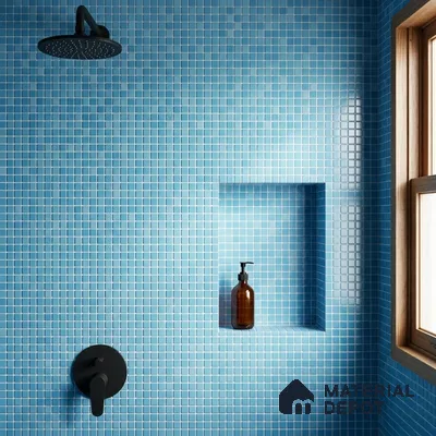 Modern Bathroom with Aqua Blue Glass Mosaic Shower Tile and Matte Black Fixtures