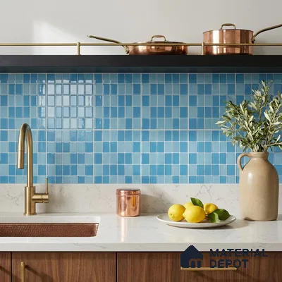 Modern Kitchen with Aqua Blue Glass Mosaic Backsplash Tile and Walnut Cabinets