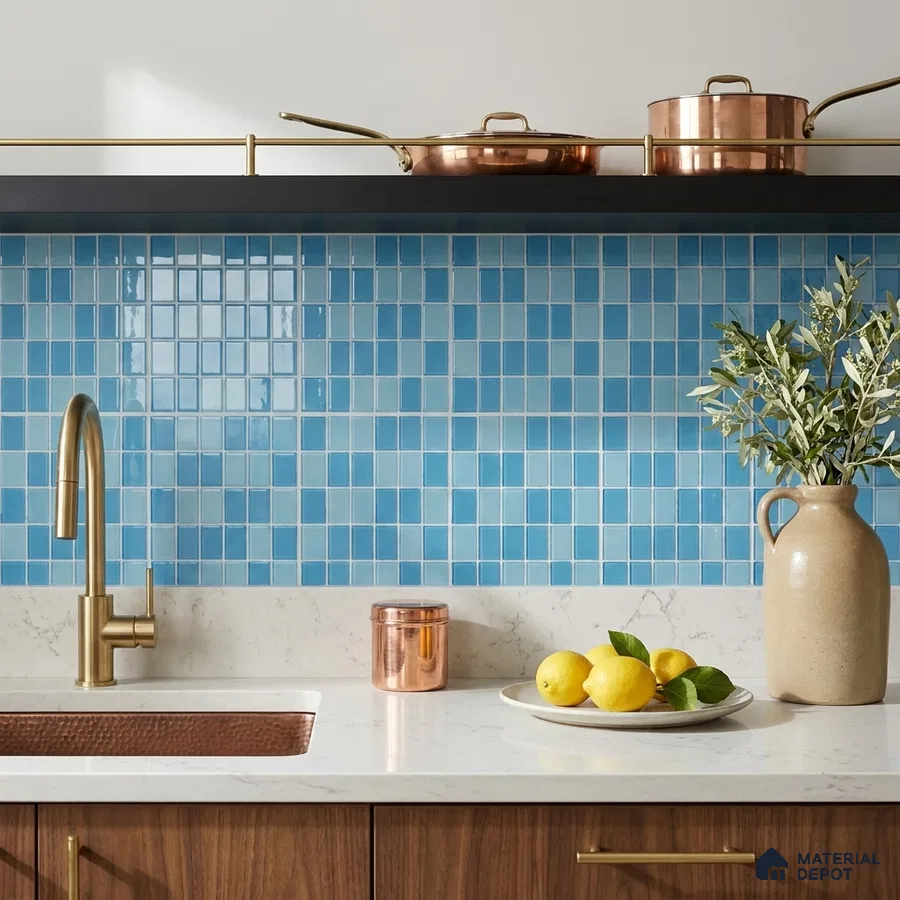Modern Kitchen with Aqua Blue Glass Mosaic Backsplash Tile and Walnut Cabinets