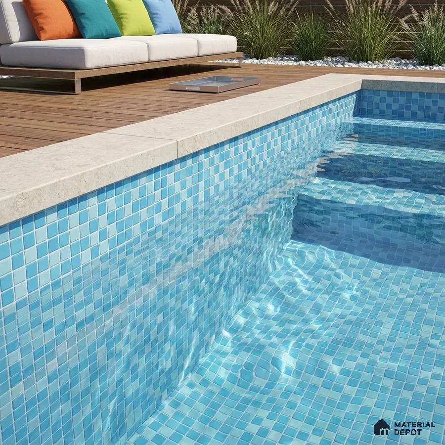 Modern Swimming Pool with Aqua Blue Glass Mosaic Tile and Wooden Deck