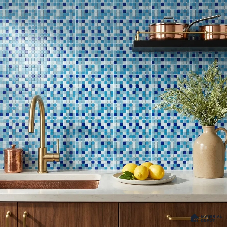 Modern Kitchen with Blended Blue Glass Mosaic Backsplash Tile and Walnut Cabinets