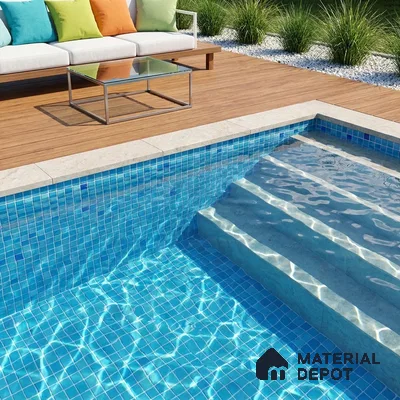 Modern Swimming Pool with Blended Blue Glass Mosaic Tile and Wooden Deck