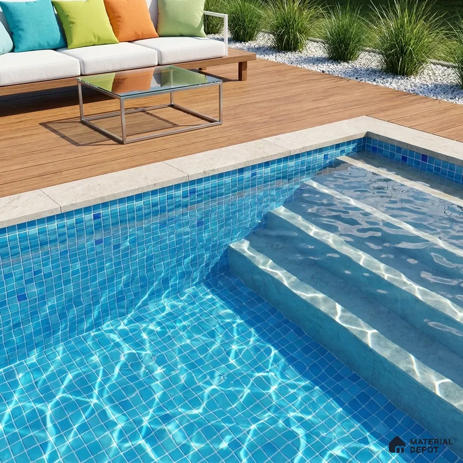 Modern Swimming Pool with Blended Blue Glass Mosaic Tile and Wooden Deck