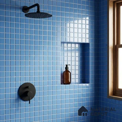 Modern Bathroom with Royal Blue Glass Mosaic Shower Tile and Matte Black Fixtures