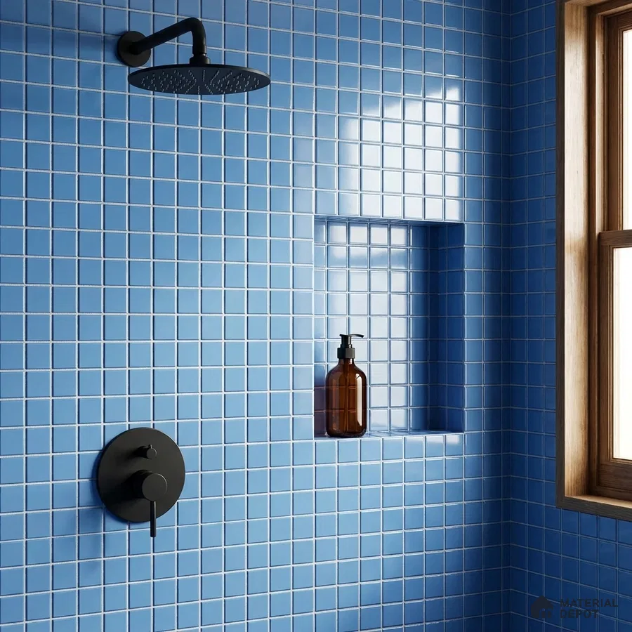 Modern Bathroom with Royal Blue Glass Mosaic Shower Tile and Matte Black Fixtures