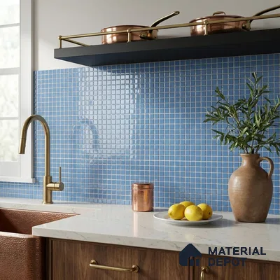 Modern Kitchen with Light Blue Glass Mosaic Backsplash Tile and Walnut Cabinets