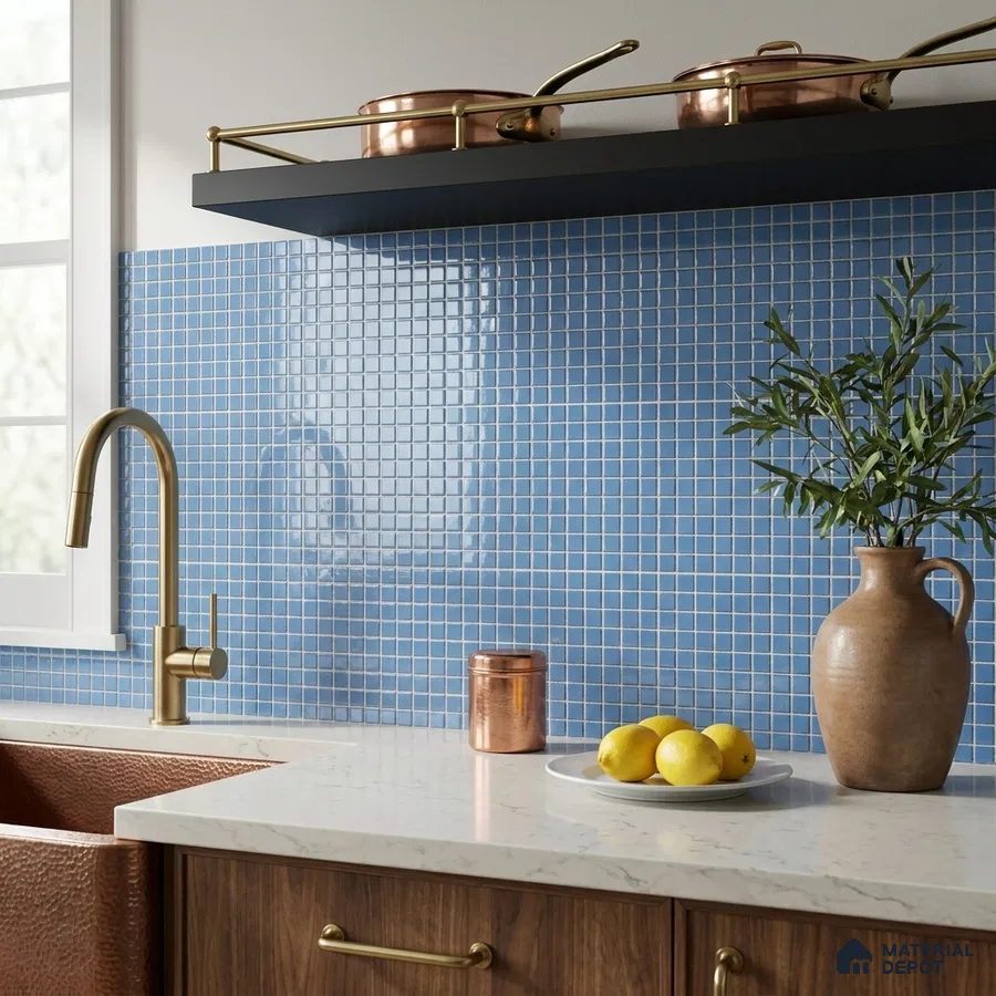 Modern Kitchen with Light Blue Glass Mosaic Backsplash Tile and Walnut Cabinets