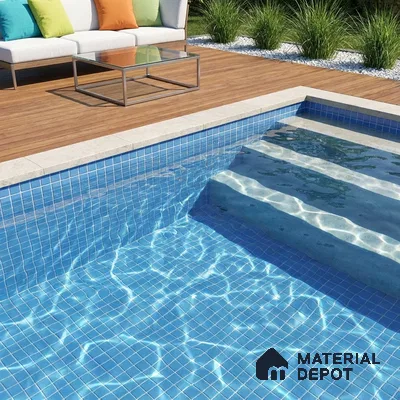 Modern Swimming Pool with Blue Glass Mosaic Tile and Wooden Deck