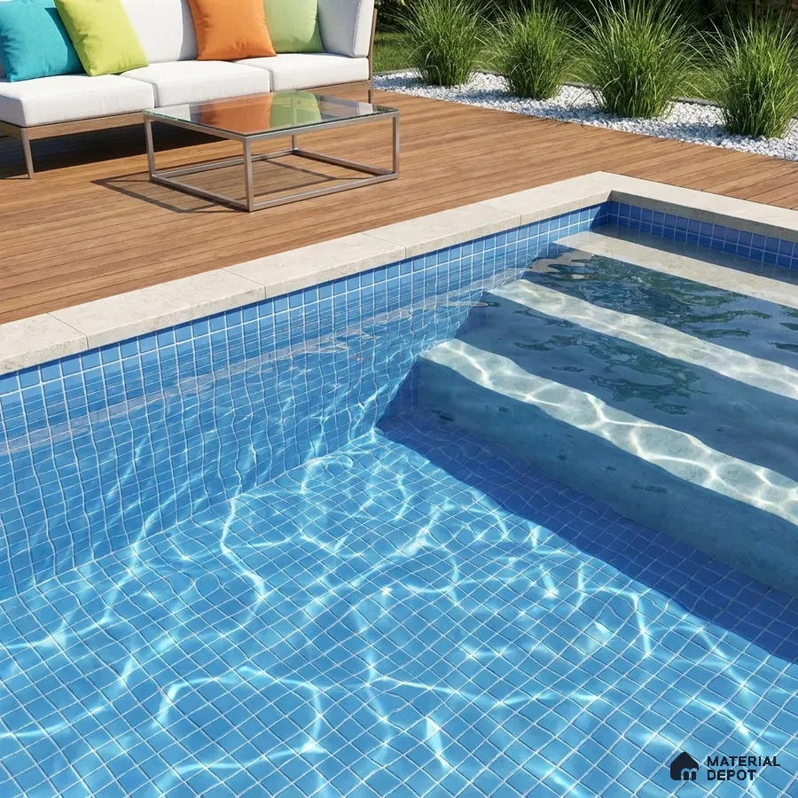 Modern Swimming Pool with Blue Glass Mosaic Tile and Wooden Deck