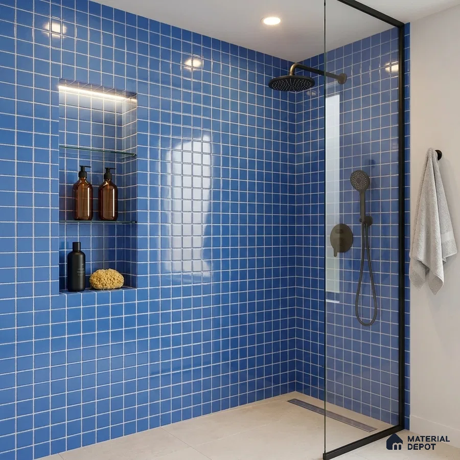 Modern Bathroom with Royal Blue Glass Mosaic Shower Tile and Walk-In Glass Enclosure