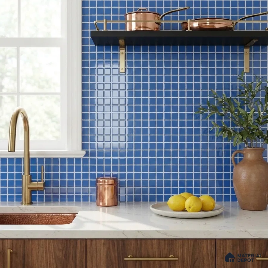 Modern Kitchen with Cobalt Blue Glass Mosaic Backsplash Tile and Walnut Cabinets