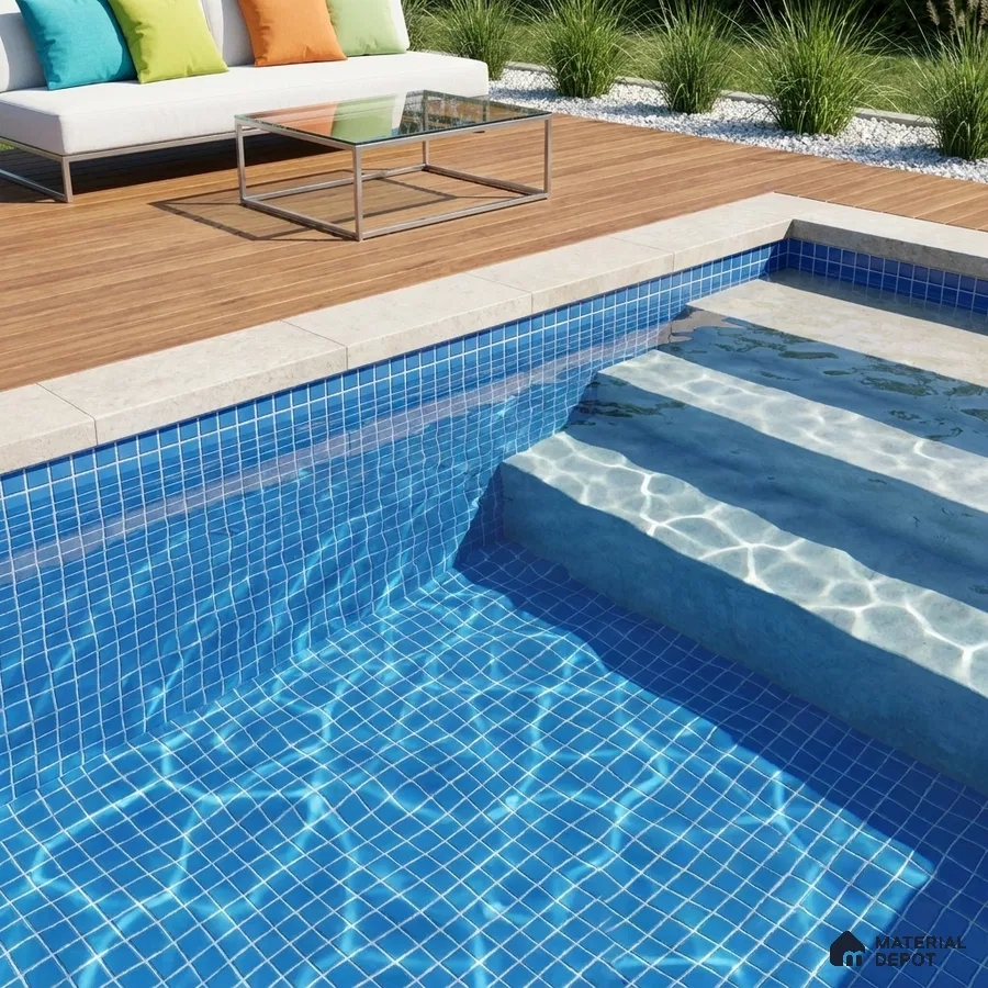 Modern Swimming Pool with Cobalt Blue Glass Mosaic Tile and Wooden Deck