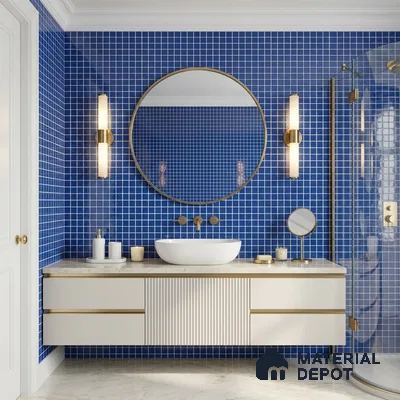 Modern Bathroom with Royal Blue Glass Mosaic Wall Tile and Brass Fixtures
